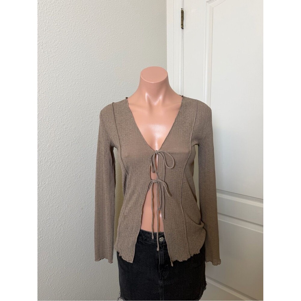 Oak & Fort Tie-Front Ribbed Sheer Top in Taupe Sz XS